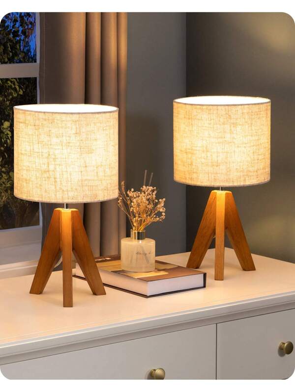 EDISHINE Small Table Lamp, Wooden Tripod Bedside Lamp with Linen Fabric Lampshade, 14.2" Nightstand Lamp for Bedroom, Living Room, Office, 2 Pack wooden