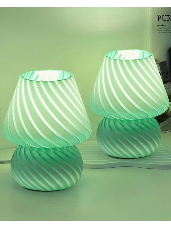 ONEWISH Mushroom Lamps Set Of 2 - Small Table Lamp With Striped Glass, Nightstand Lamp For Bedroom, Living Room, Cafe, Office, Bulb Included, Gift For Birthday Christmas Thanksgiving Day, Sage Green Green