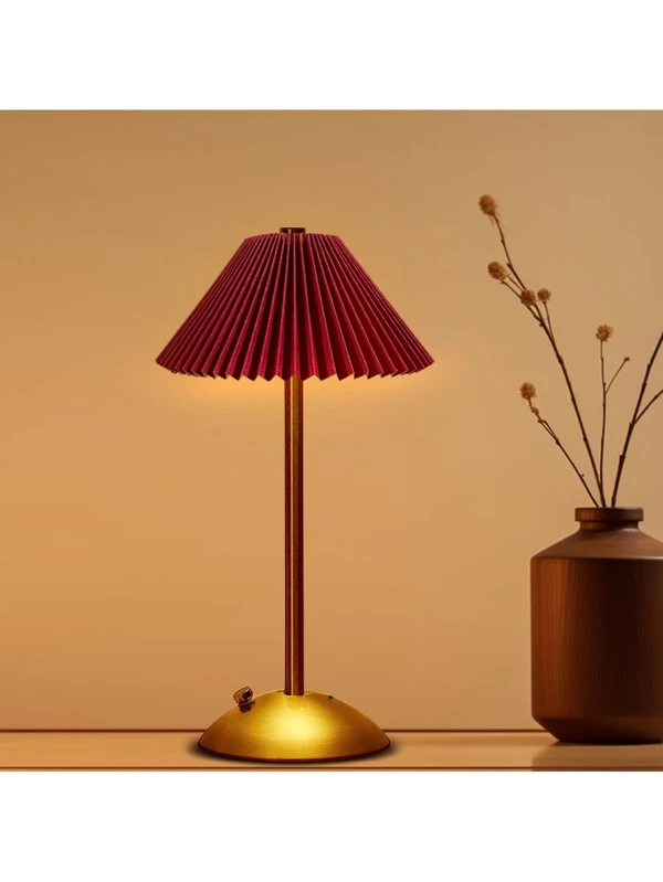 Vintage Pleated Table Lamp,Portable LED Table Lamp With Touch Sensor, 3 Color Touch Control Rechargeable Lamp,3-Levels Brightness Metal Desk Lamp, Night Light, Bedside Lamp,Dining Room Lamp Red