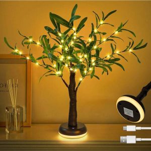 Table Lamp, 1 Pcs LED Lighted Tabletop Olive Leaf Tree Lights With Lighted Base, USB Tree Lights, Olive Tree Lights Artificial Indoor, Artificial Tree Lights For Wedding Holiday Home Christmas Decoration Warm white light