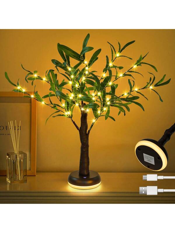 Table Lamp, 1 Pcs LED Lighted Tabletop Olive Leaf Tree Lights With Lighted Base, USB Tree Lights, Olive Tree Lights Artificial Indoor, Artificial Tree Lights For Wedding Holiday Home Christmas Decoration Warm white light