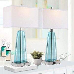 Table Lamp Set Of 2 Touch Control, Contemporary Blue Green Glass Bedside Lamp With 2 USB Ports, 3-Way Dimmable Nightstand Lamps With White Fabric Shade For Living Room, Bedroom (LED Bulbs Included) Blue Green