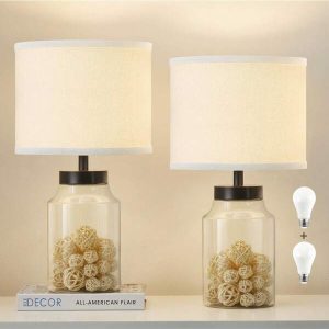 Fillable Table Lamp, Table Lamp With Clear Glass Fillable Modern Table Lamp With White Lampshade Beside Lamp For Living Room Bedrooms Office Bulbs Included(White) US A Type Plug(110-127V)