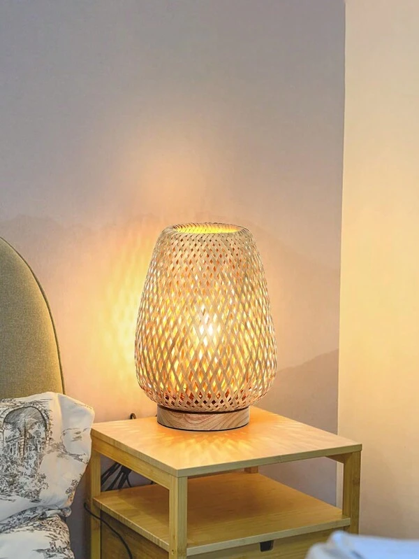 1pc Handwoven Bamboo Desk Lamp With Natural Wooden Base, Eye-Caring Bedside Night Light, Vintage Table Lamp For Reading, Home Decor, Unique Handcraft Warm Gift Desk Lamp